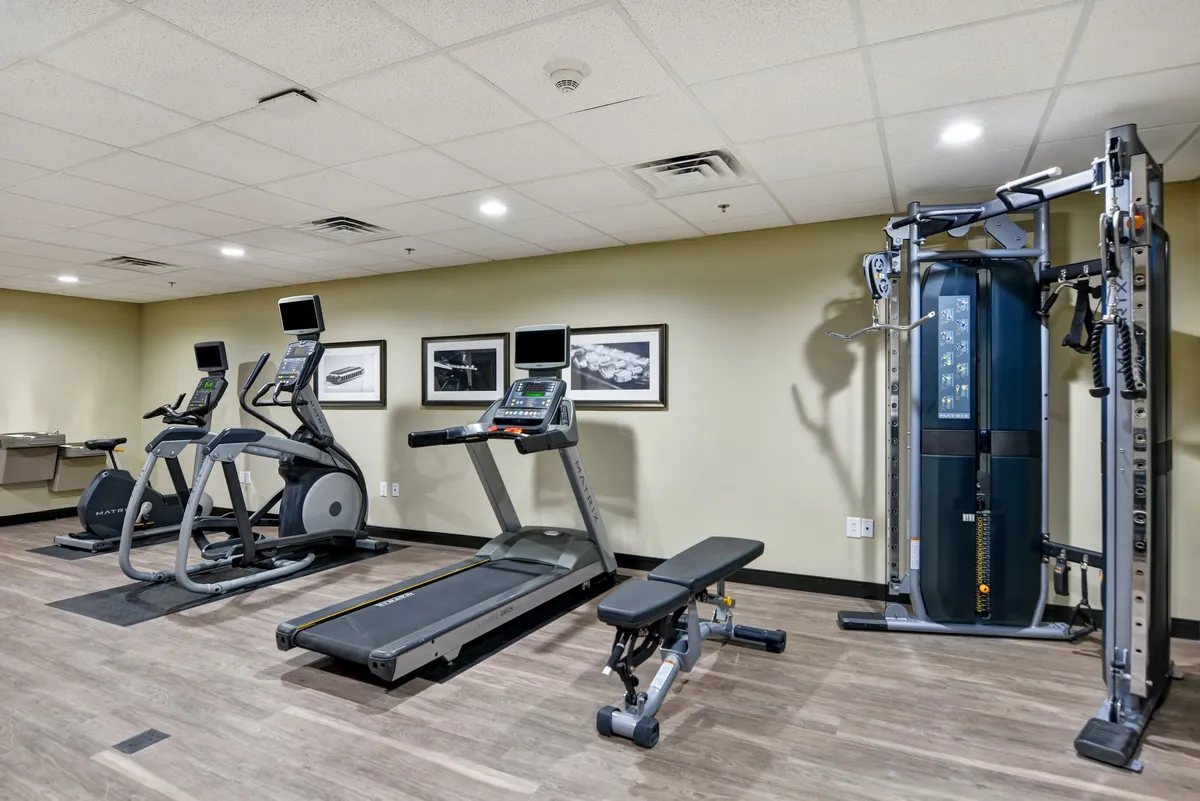 This image showcases a well-equipped fitness center featuring treadmills, elliptical machines, a weight bench, and multi-gym equipment. The space is bright, organized, and inviting, making it appealing for guests seeking wellness activities during their stay.